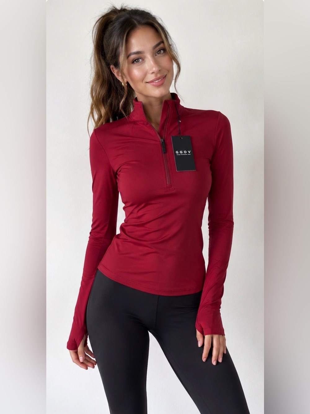 GGOV Women’s Burgundy Quarter Zip Long Sleeve Activewear Top Size Small